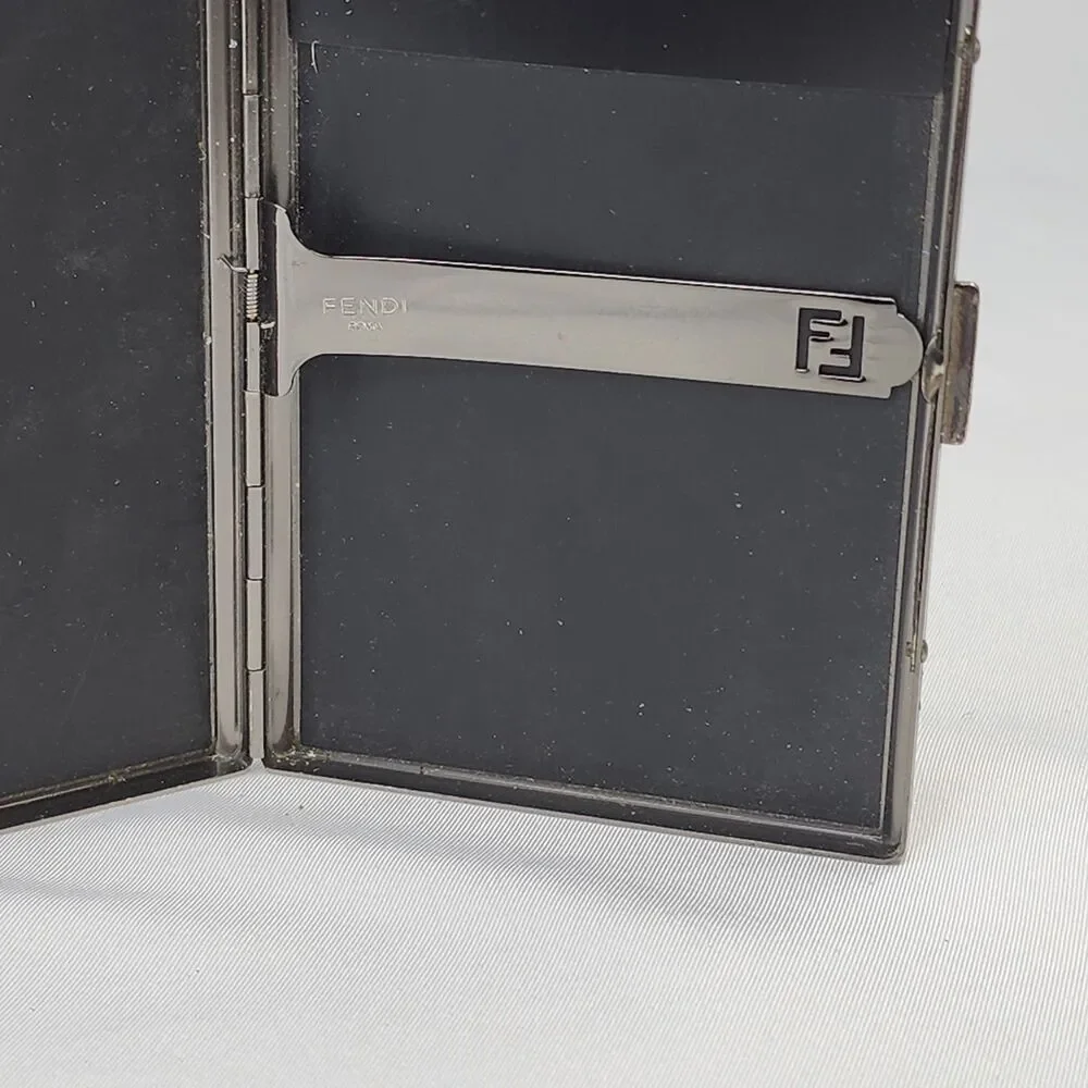 Fendi Zucca Metal Cigarette Case Vintage Card Holder Black Enamel Striped FF